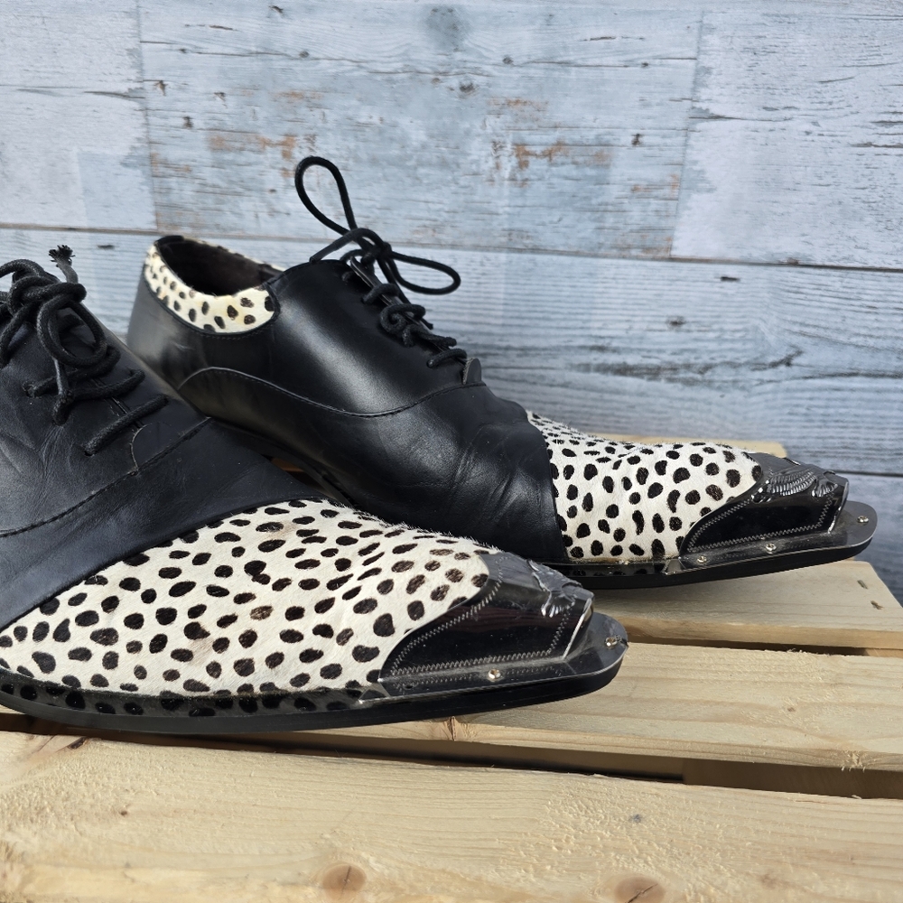 Zota G737-4 Black White Leopard Hair Lace Up Pointed Toe Shoes Metal Tip Size 10 - Picture 2 of 16